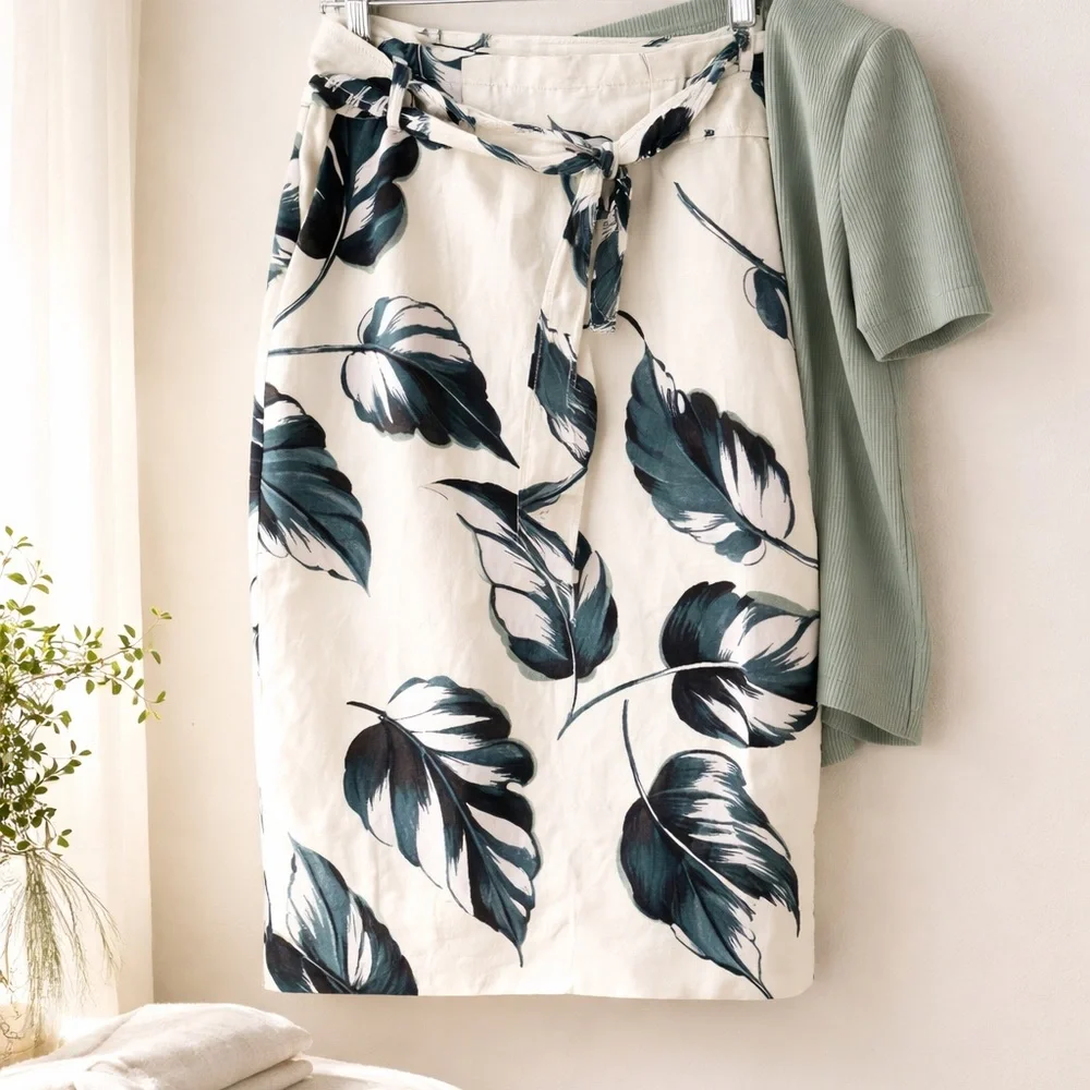 Ann Taylor Ivory Teal Leaves Linen Blend Tie Waist Pencil Skirt Size 8 Petite - Picture 14 of 16